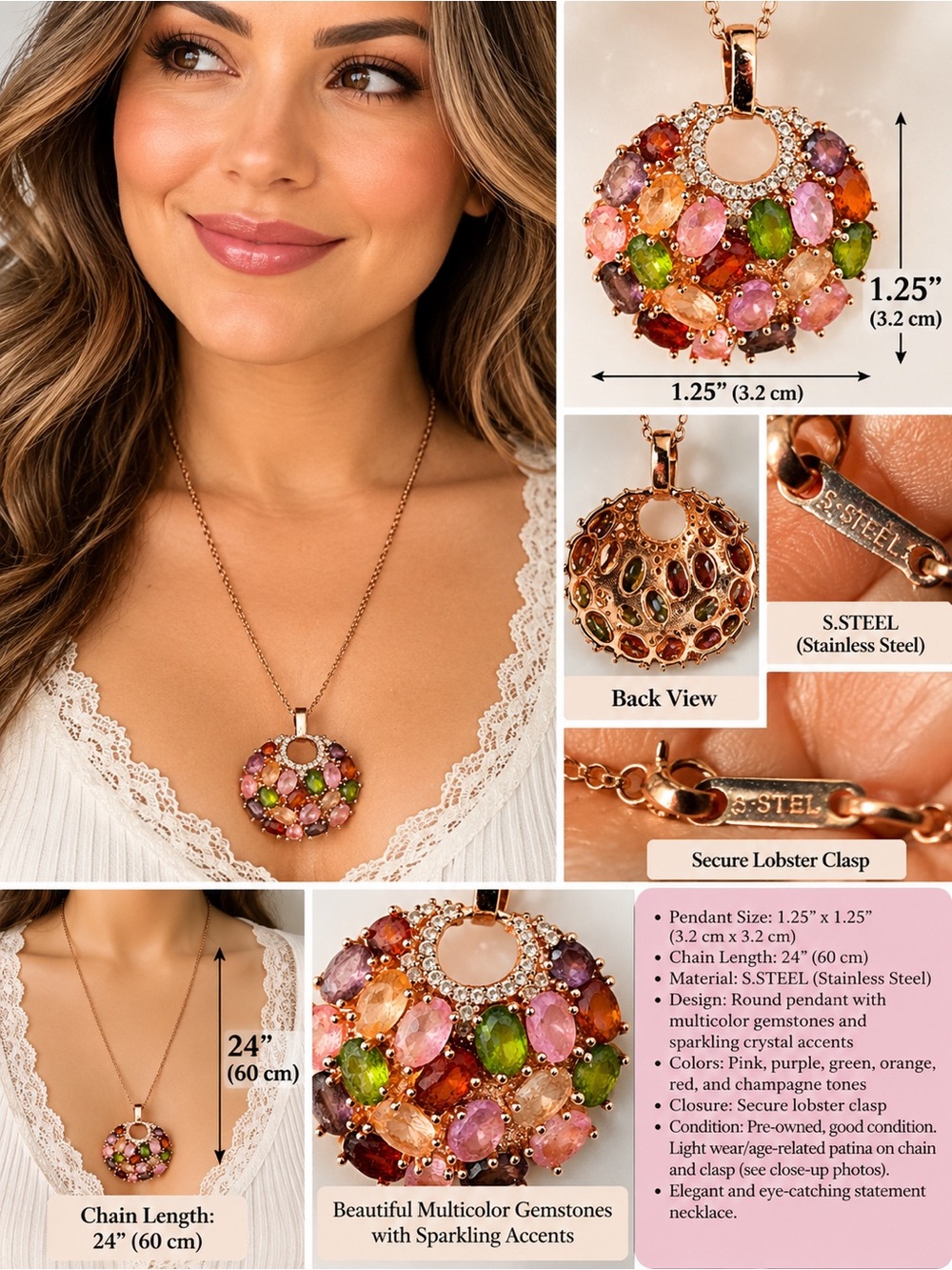 Multicolor Gemstone Round Pendant Necklace - Gold Tone